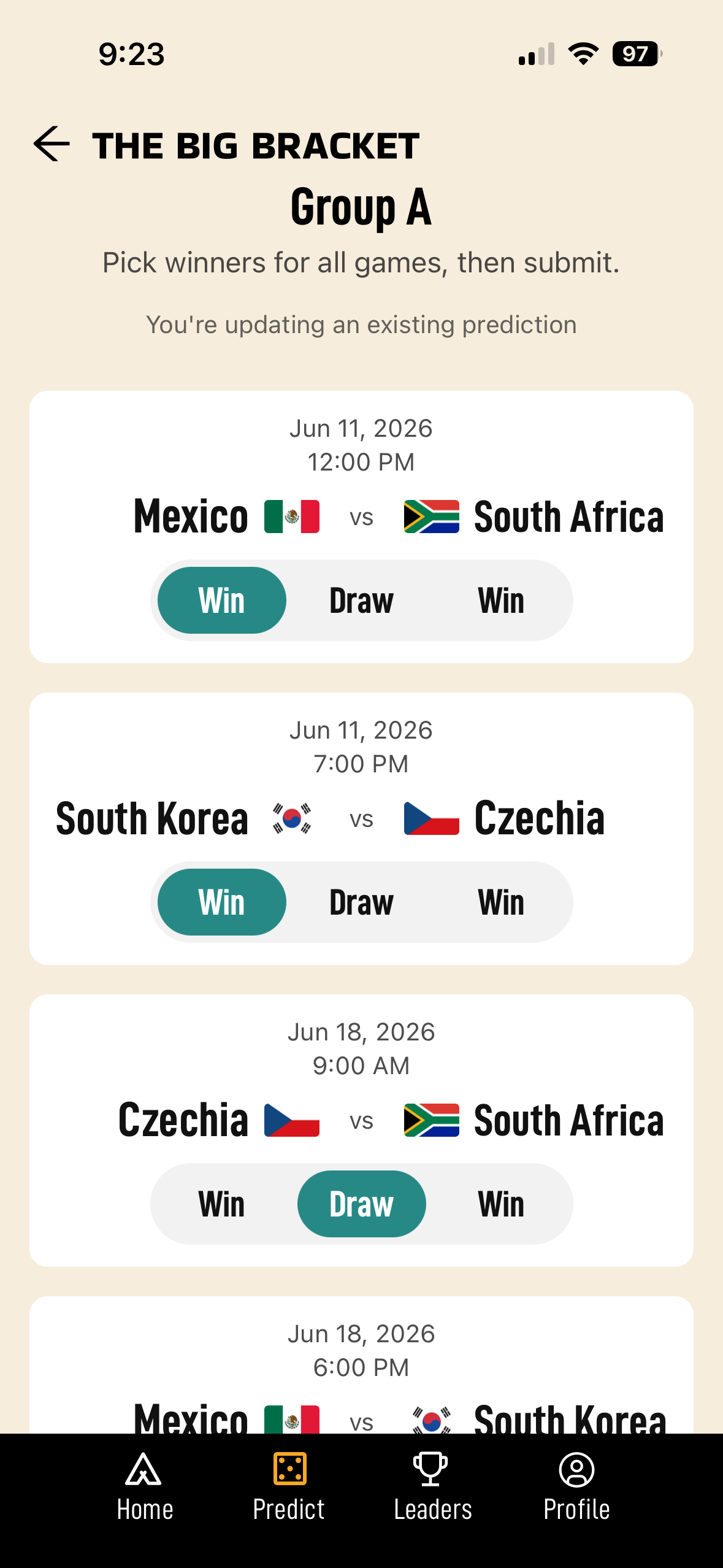 Group A pick screen with a list of upcoming June 2026 matches — Mexico vs South Africa, South Korea vs Czechia, Czechia vs South Africa, Mexico vs South Korea — each showing Win / Draw / Win buttons with the user's current selections highlighted.