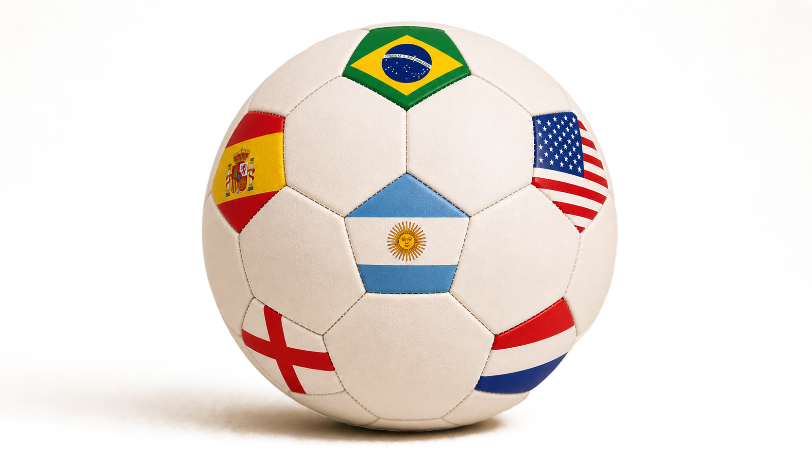 A white soccer ball with national flags from Brazil, Spain, the United States, Argentina, England, and the Netherlands set into its panels, isolated on a black backdrop.