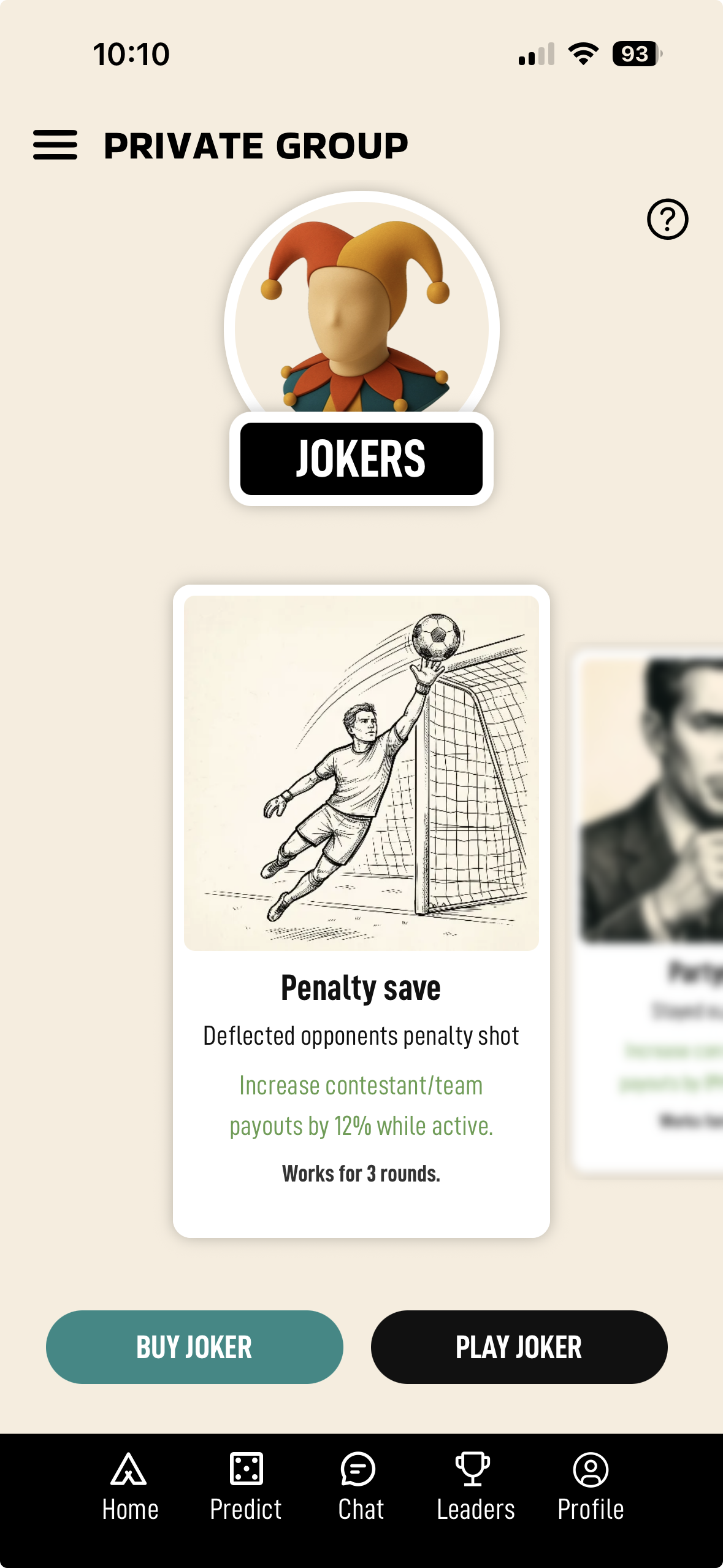 Jokers screen showing a 'Penalty save' joker that increases payouts by 12 percent, with Buy Joker and Play Joker buttons.