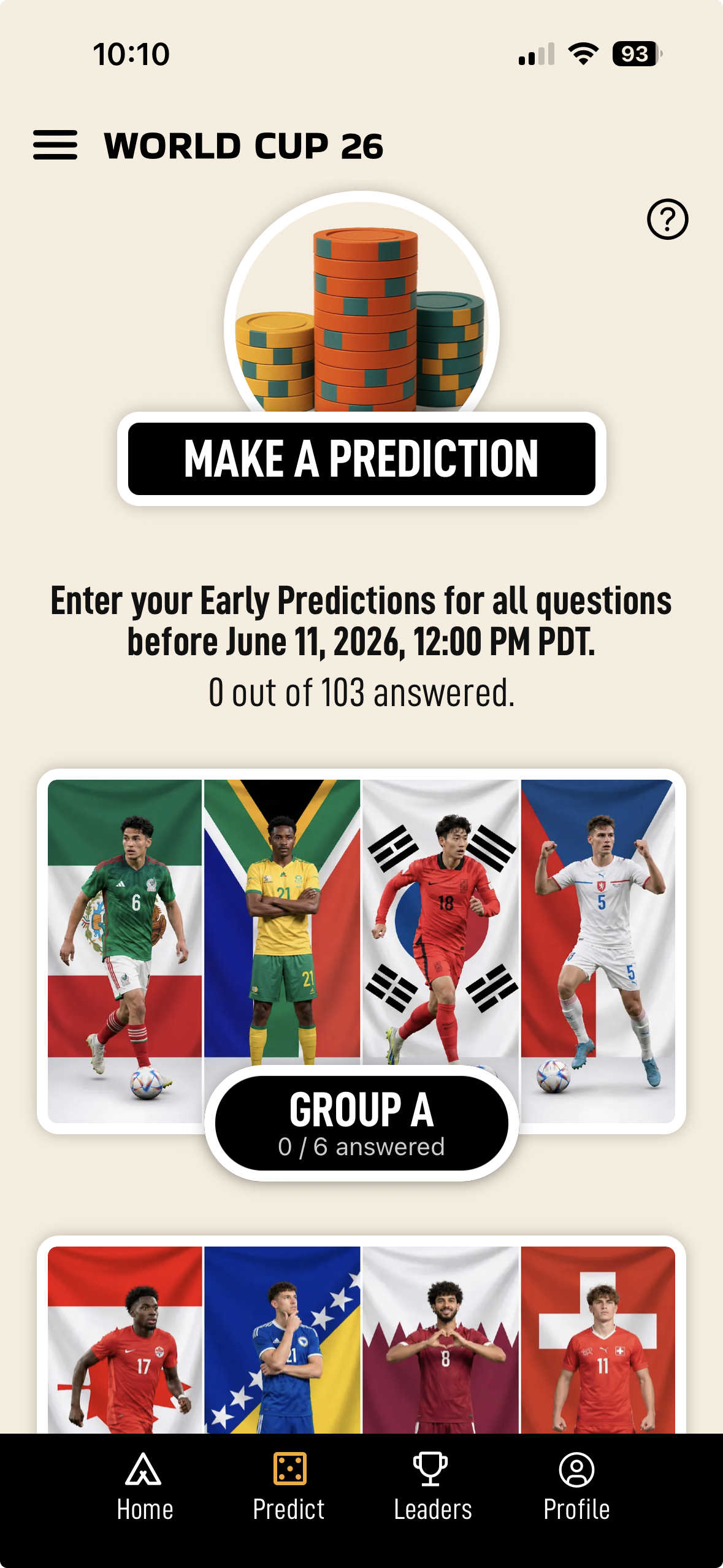 Make a Prediction screen showing flag tiles for Group A countries — Mexico, South Africa, South Korea, Czechia — with a 'Group A, 0 of 6 answered' tracker.