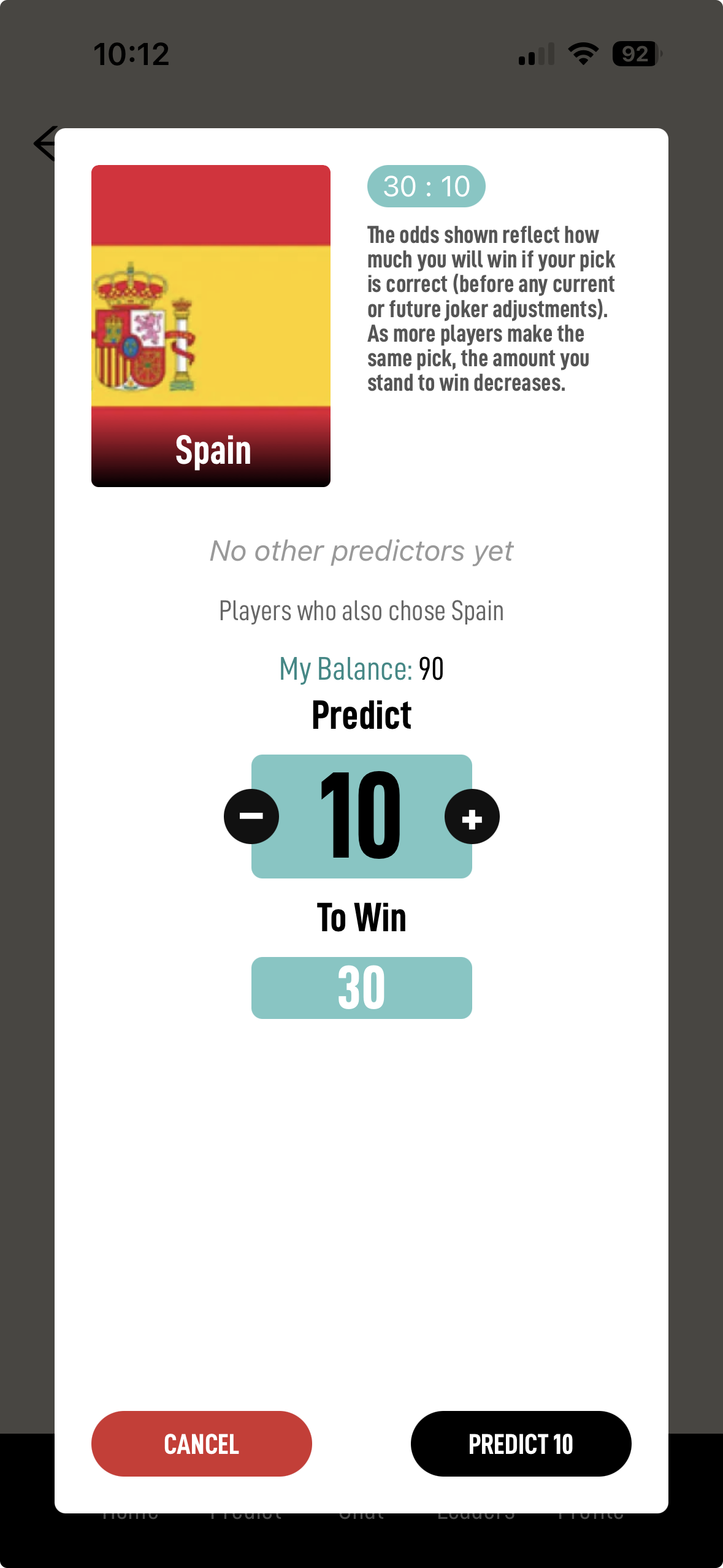 Token detail screen for a Spain pick at 30:10 odds, with a Predict counter set to 10 and a To Win value of 30.